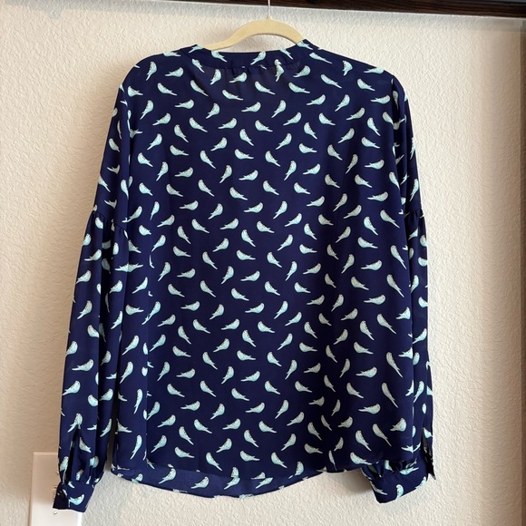 Rose & Olive Navy Blouse with Bird Pattern XL Tie Neck - Picture 2 of 3